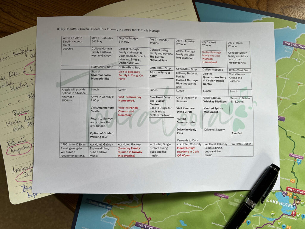 Tabletop photograph of a 6-day tour itinerary with map and notebook