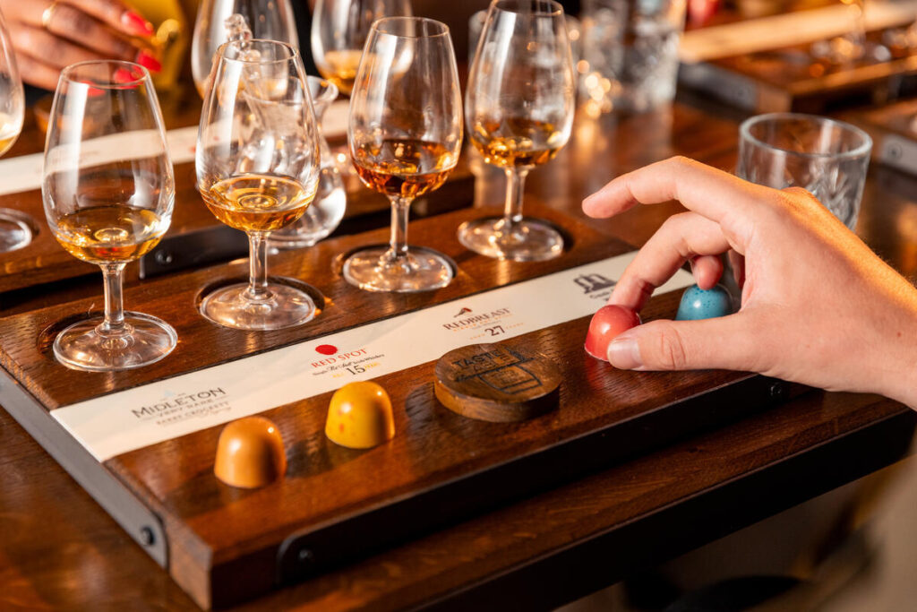 Whiskey tasting kit on a bar top.