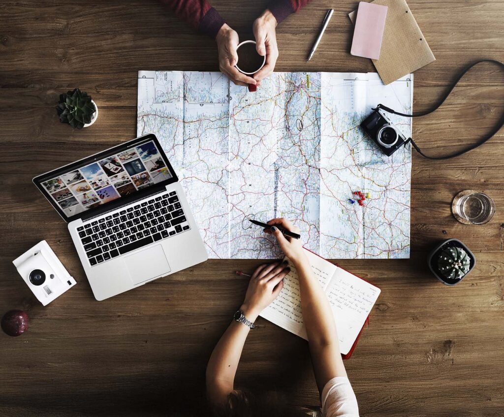Top down view of desk with map
