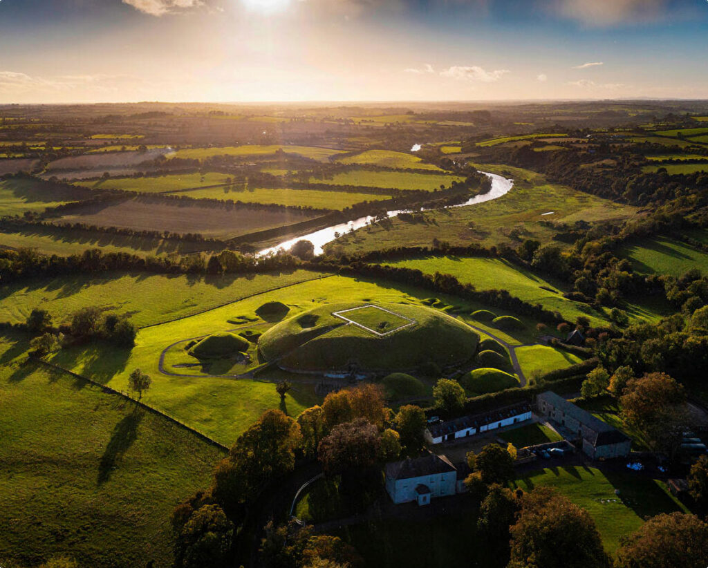 Aerial view of Newgrange passage tomb at dawn.