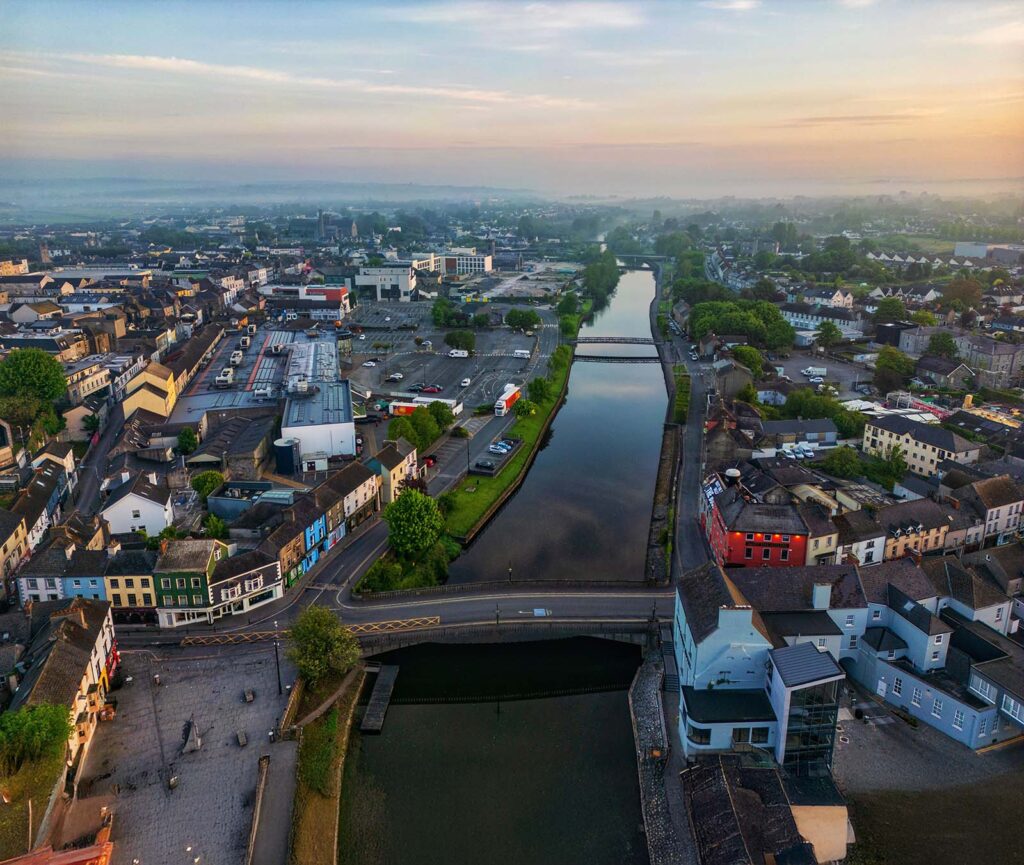Drone shot of Roscommon at sunrise - view down the river